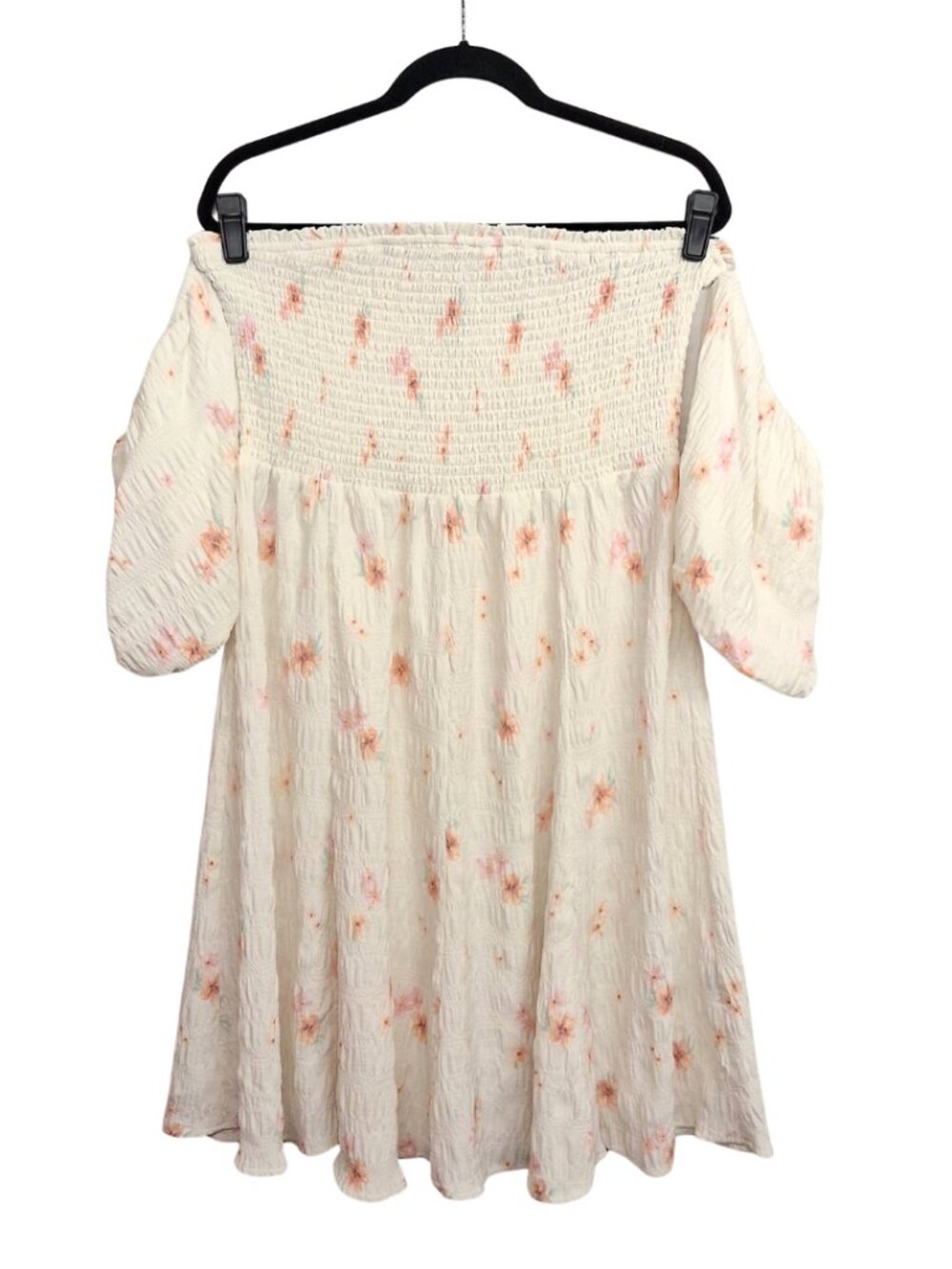 FOREVER 21+ Off Shoulder Floral Dress Cream White Pink Print Smocked Stretchy 1X